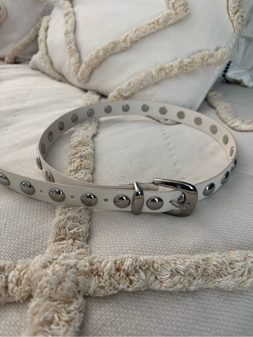 Madewell Ivory Leather Stud Western Belt with Silver Buckle